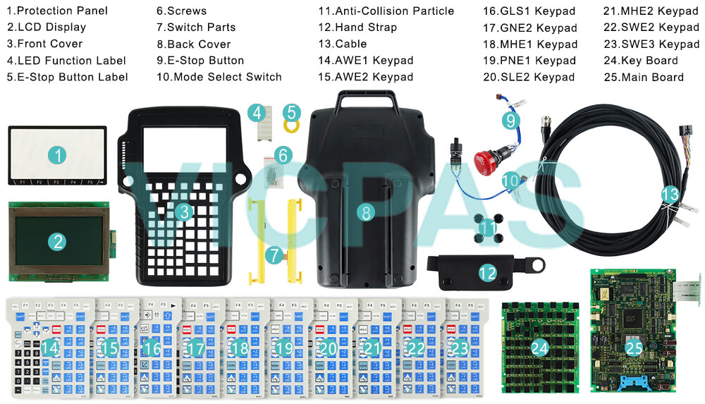 Buy Fanuc A05B-2301-C370 front case, emergency stop button, cable, touch screen glass, switch parts, protection panel, back cover, hand strap, membrane keypad, PCB keyboard, LED function label, back cover, E-stop button label, screws, mode switch, mainboard, anti-collision particle, LCD display screen Teach Pendant replacement