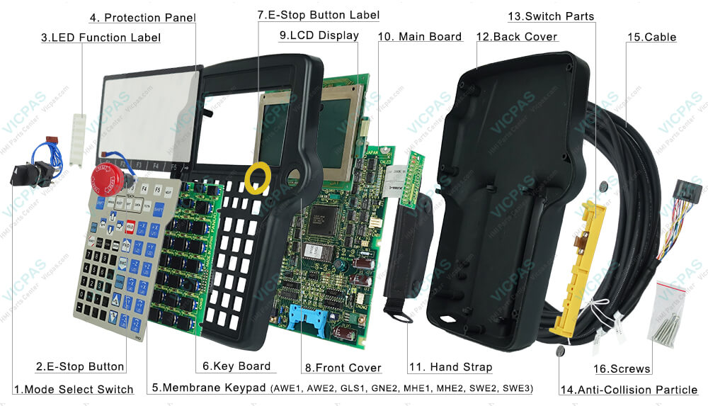 Buy Fanuc A05B-2301-C360 touch panel, mode select switch, LED function label, screws, emergency stop, housing, E-stop button label, anti-collision particle, mainboard, switch parts, PCB keyboard, membrane keyboard, LCD screen, cable, protection panel, hand strap Teach Pendant replacement