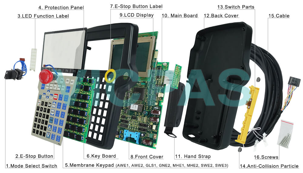 Buy Fanuc A05B-2301-C311 front case, switch parts, hand strap, LED function label, emergency stop button, cable, mainboard, screws, touch screen glass, E-stop button label, membrane keypad, protection panel, mode selector switch, anti-collision particle, LCD display, key board, back cover Teach Pendant replacement