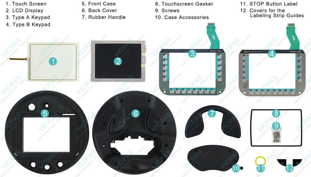 6AV6645-0FD01-0AX1 Siemens Simatic HMI MOBILE PANEL 277F IWLAN V2 Touchscreen Glass, Membrane Keyboard, Gasket, LCD Display Screen, Housing, Rubber Handle, STOP Button Label, Screws and Cover for the Labeling Strip Guides Repair Replacement