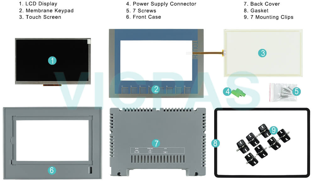 6AV2143-8GB50-0AA0 Siemens SIPLUS HMI IWP700 TouchScreen Glass, Membrane Switch, Gasket, Screws, Power Supply Connector, Mounting Clips, Housing and LCD Display Repair Replacement