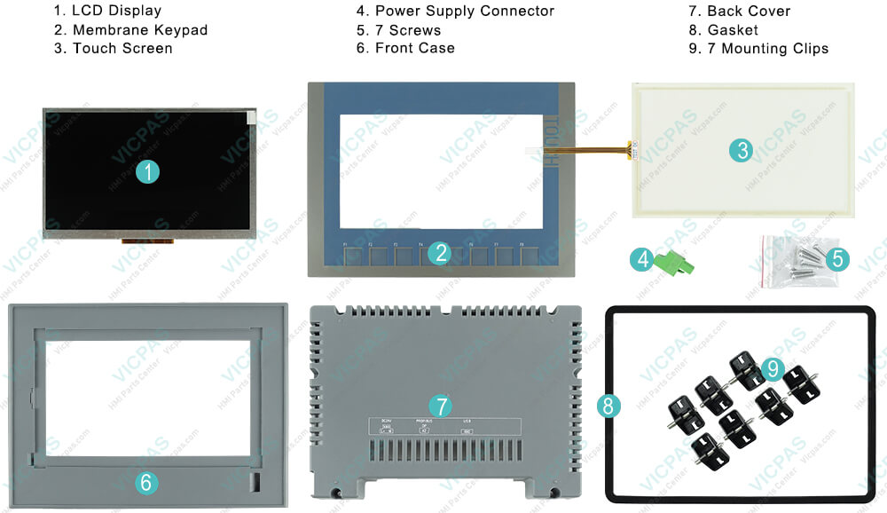 6AG1123-2GA03-2AX0 Simens SIPLUS HMI KTP700 BASIC DP Panel TouchScreen Glass, Overlay, Gasket, Screws, Power Supply Connector, Mounting Clips, Plastic Enclosure and LCD Display Repair Replacement