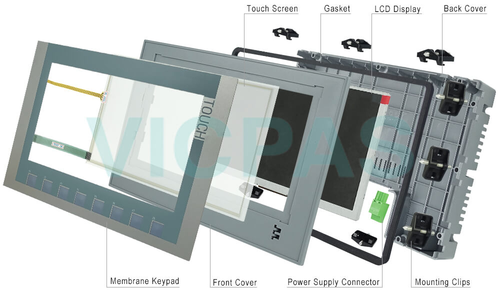 6AV2123-2JB03-0AX0 Siemens SIPLUS HMI KTP900 Basic Touchscreen Panel Glass, Overlay, Mounting Clips, Power Supply Connector, Gasket, Screws, HMI Case and LCD Display Repair Replacement