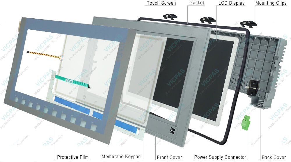 6AV2123-2MB03-0AX0 Siemens Simatic HMI KTP1200 Basic Touchscreen Panel Glass, Overlay, Plastic Shell, Power Supply Connector, LCD Gasket, Case Gasket, Mounting Clips, Screws and LCD Display Repair Replacement