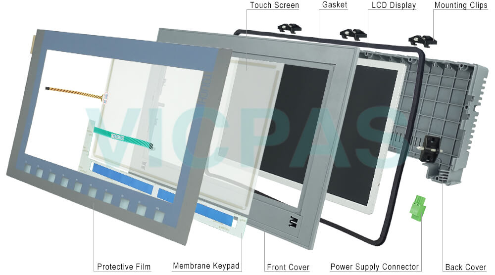 6AV2123-2MA03-0AX0 Siemens Simatic HMI KTP1200 Basic DP Touchscreen Glass, Overlay, Mounting Clips, Plastic Cover, Power Supply Connector, Case Gasket, LCD Gasket, Screws and LCD Display Repair Replacement