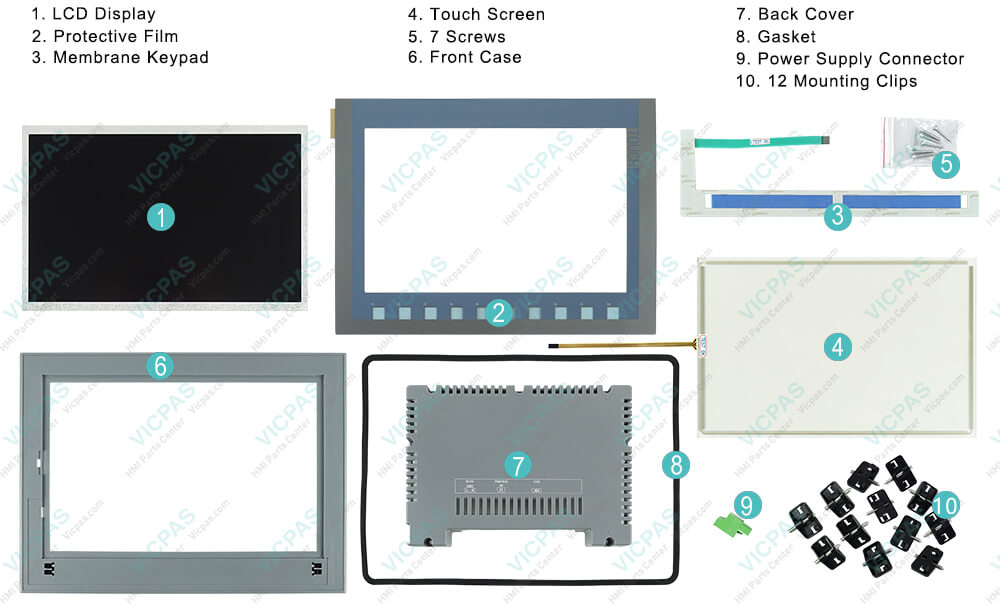 6AV2143-8MB50-0AA0 Siemens SIPLUS HMI IWP1200 Touch Panel Screen Glass, Overlay, Keypad, Case Cover,Gasket, Mounting Clips, Power Supply Connector, Screws and LCD Display Repair Replacement
