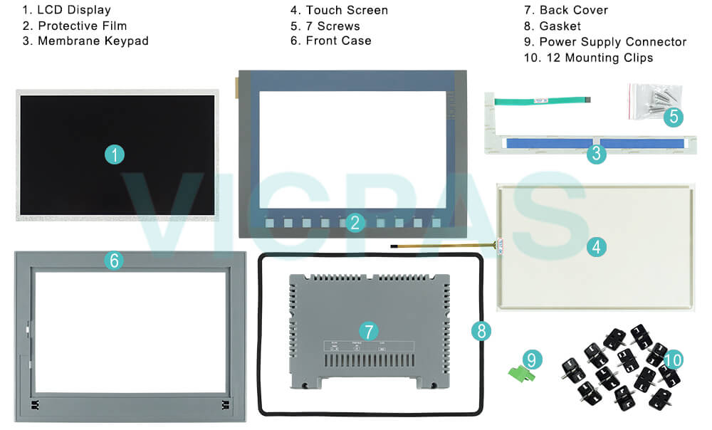 6AG1123-2MA03-2AX0 Siemens SIPLUS HMI KTP1200 Basic DP Touchscreen Panel Glass, Overlay, Case Gasket, LCD Gasket, Screws, Power Supply Connector, Mounting Clips, Plastic Case  and LCD Display Repair Replacement