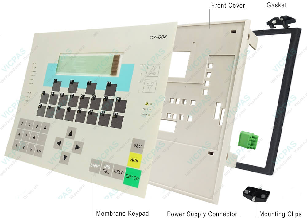 6ES7633-2BF00-0AE3 Siemens SIMATIC HMI C7-633 Membrane Keyboard, Housing, Gasket, Mounting Clips and Power Supply Connector Repair Replacement