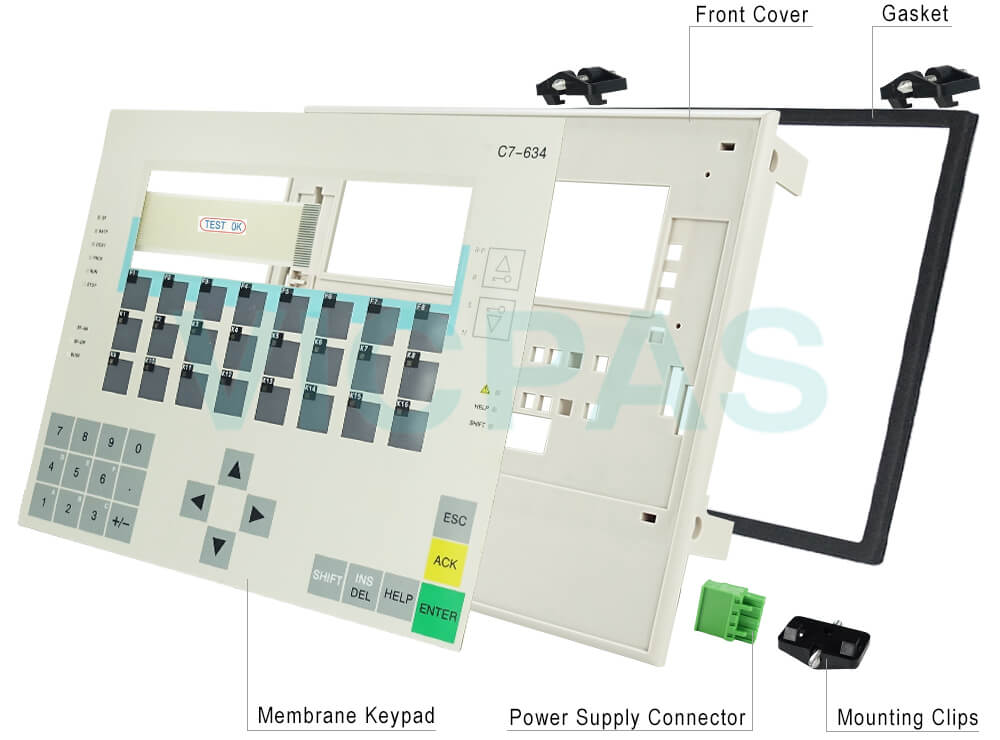 6ES7634-2BF00-0AE3 Siemens SIMATIC HMI C7-634 Membrane Keyboard, Housing, Gasket, Mounting Clips and Power Supply Connector Repair Replacement