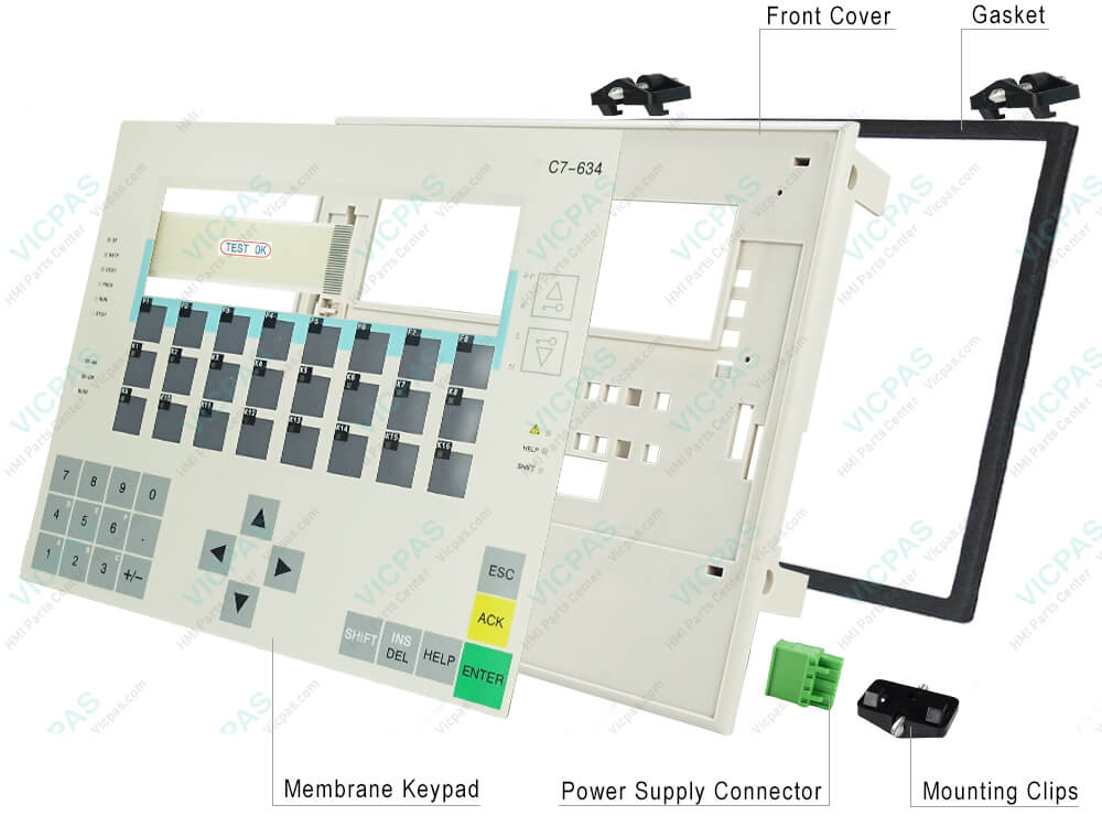 6ES7634-1DF02-0AE3 Siemens SIMATIC HMI C7-634 Membrane Keyboard, Plastic Cover, Mounting Clips, Gasket and Power Supply Connector Repair Replacement