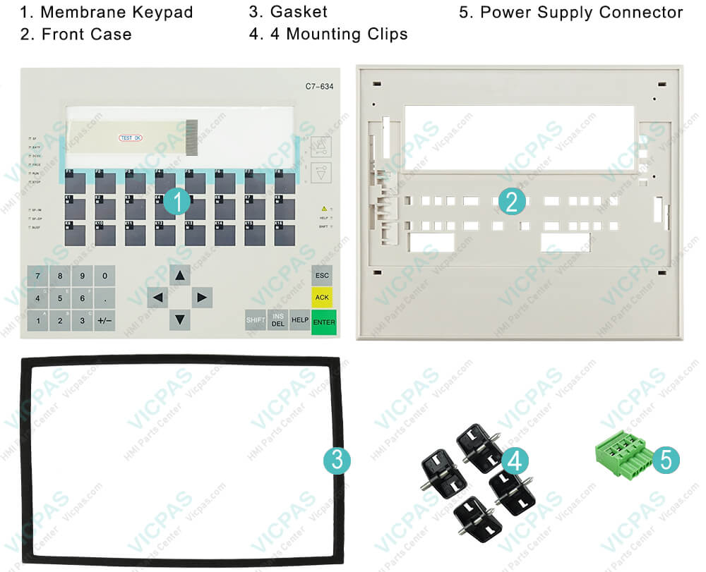 6ES7634-2BF01-0AE3 Siemens SIMATIC HMI C7-634 Membrane Keyboard, Plastic Shell, Mounting Clips, Gasket and Power Supply Connector Repair Replacement