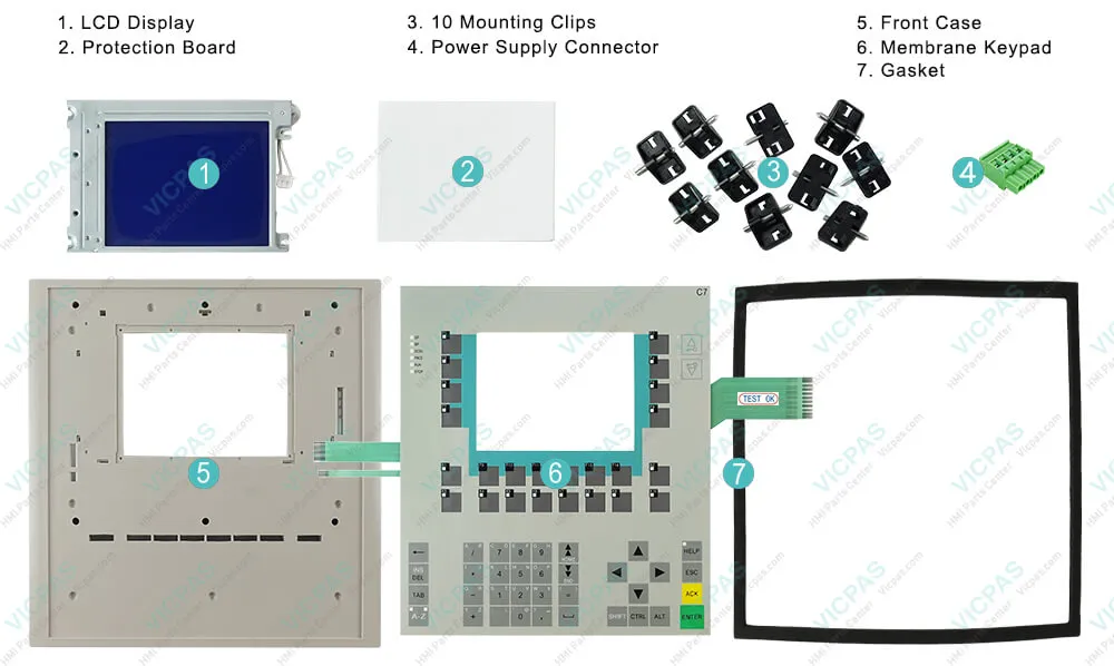 6ES7635-2EC00-0AE3 Siemens SIMATIC HMI C7-635 Touchscreen, Membrane Keyboard, Plastic Shell, Mounting Clips, LCD Display, Gasket and Power Supply Connector Repair Replacement