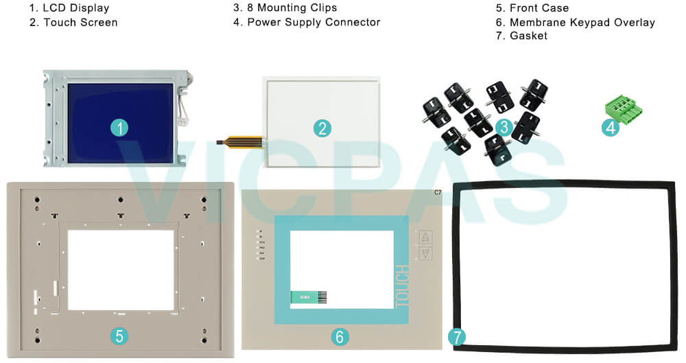 6ES7635-2EB01-0AE3 Siemens SIMATIC HMI C7-635 Touchscreen, Front Overlay, Membrane Keyboard, LCD Display, Plastic Shell, Gasket, Mounting Clips and Power Supply Connector Repair Replacement