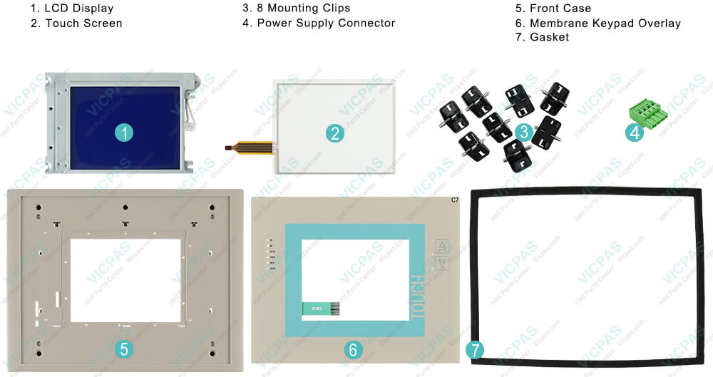 6ES7635-2EB00-0AE3 Siemens SIMATIC HMI C7-635 Touchscreen, Protective Film, LCD Screen, Plastic Shell, Mounting Clips, Gasket and Power Supply Connector Repair Replacement
