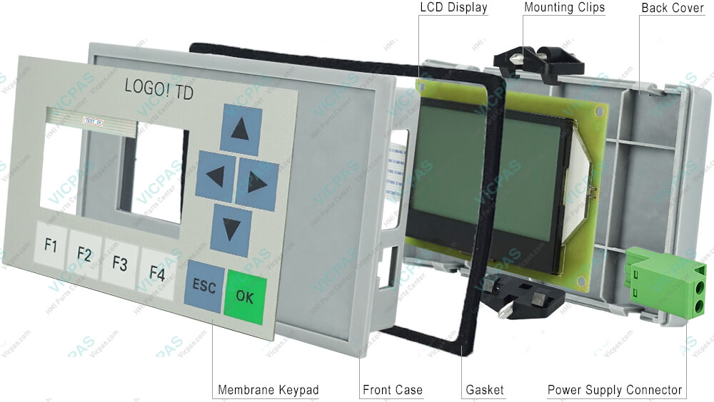 6AG1055-4MH00-2BA0 Siemens SIMATIC HMI LOGO! TD Text display Membrane Keyboard, LCD Display Panel, Plastic Case Shell, Mounting Clips, Gasket and Power Supply Connector Repair Replacement