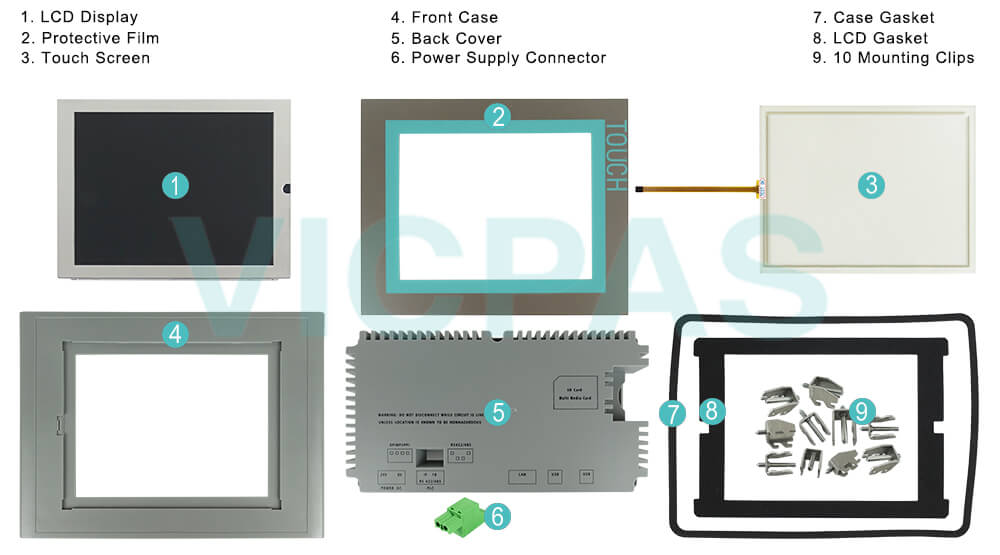 6AV6652-3MB01-0AA0 Siemens SIMATIC HMI Multi Panel  MP277 8 LCD Display, Plastic Shell, Touchscreen Panel Glass, Mounting Clips, Screws, LCD Gasket, Power Supply Connector, Case Gasket and Overlay Repair Replacement