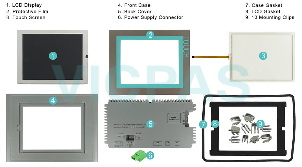 6AV6643-5CB00-0ND1 Siemens SIMATIC HMI Multi Panel  MP277 8 Touchscreen Panel Glass, Overlay, LCD Display, Plastic Case, Power Supply Connector, Mounting Clips, Case Gasket, Screws, LCD Gasket Repair Replacement