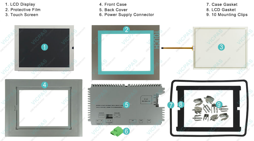 6AV6643-0CB01-1AX2 Siemens SIMATIC HMI Multi Panel  MP277 8 Touchscreen Panel Glass and Overlay LCD Display Plastic Case, Power Supply Connector, Mounting Clips, Case Gasket, Screws, LCD Gasket Repair Replacement