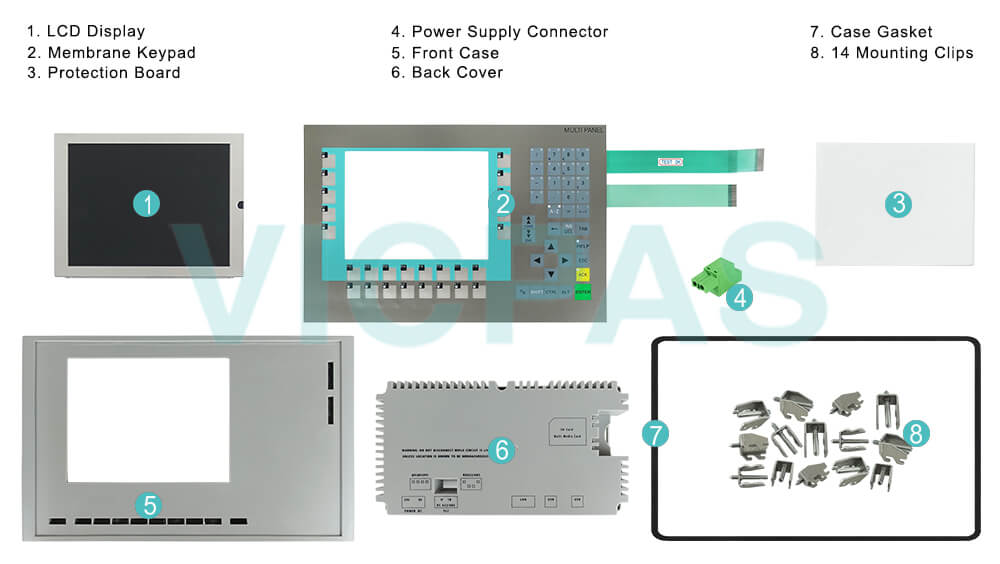 6AV6652-3LC01-1AA0 Siemens SIMATIC HMI Multi Panel  MP277 8 Touch Screen, Keypad, Front Cover Housing, Mounting Clips, Power Supply Connector, LCD Display, Case Gasket Repair Replacement
