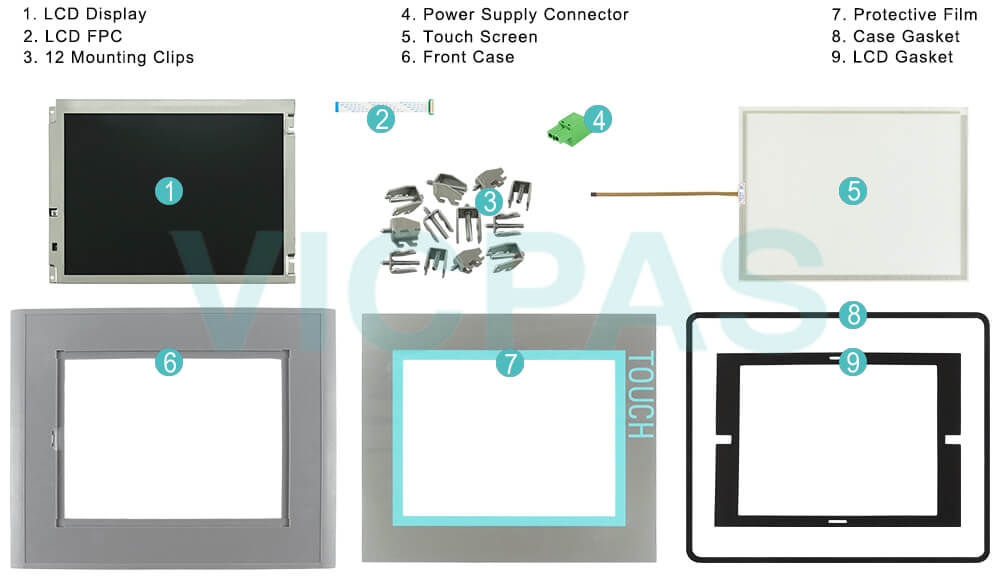 6AV6 643-7CD00-0CJ0 Touchscreen Panel Glass, Protective Film, LCD Display, HMI Case, Case Gasket, LCD Gasket, Power Supply Connector, Mounting Clips, LCD Screen, LCD FPC Repair Replacement