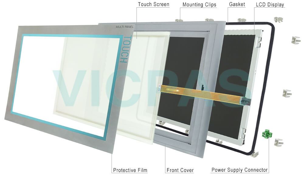 6AG1644-0AB01-4AX0 Siemens SIMATIC HMI Multi Panel MP377 15 Touchscreen Panel Glass, Plastic Cover, Mounting Clips, Power Supply Connector, LCD Display, Case Gasket and Overlay Repair Replacement