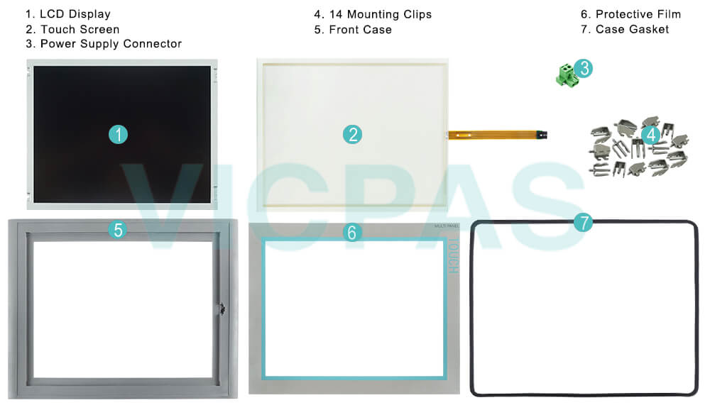 6AV6644-8AB20-0AA1 Siemens SIMATIC HMI Multi Panel MP377 15 Touchscreen Panel Glass, Protective Film, Case Gasket, Power Supply Connector, Mounting Clips, LCD Screen, Plastic Case and Plastic Cover Repair Replacement