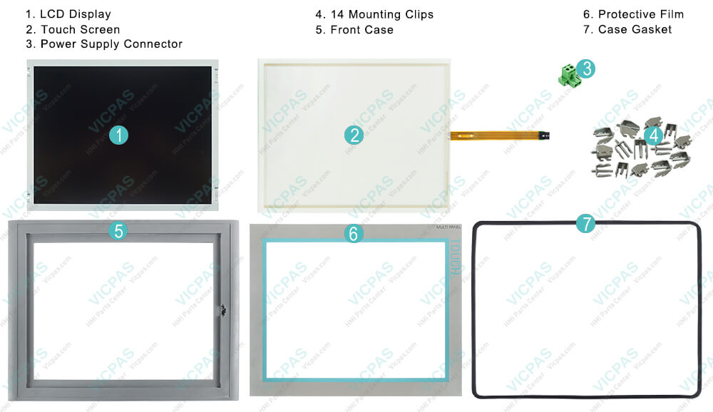 6AV6644-0AB01-2AX0 Siemens SIMATIC HMI Multi Panel MP377 15 Touchscreen Panel Glass, Protective Film, Plastic Cover, Mounting Clips, Power Supply Connector, LCD Display, Case Gasket and Plastic Cover Repair Replacement