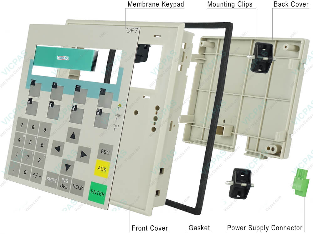 Siemens Simatic Operator Panel OP7 Keypad, Power Supply Connector, Mounting Clips, Case Gasket and Case Replacement