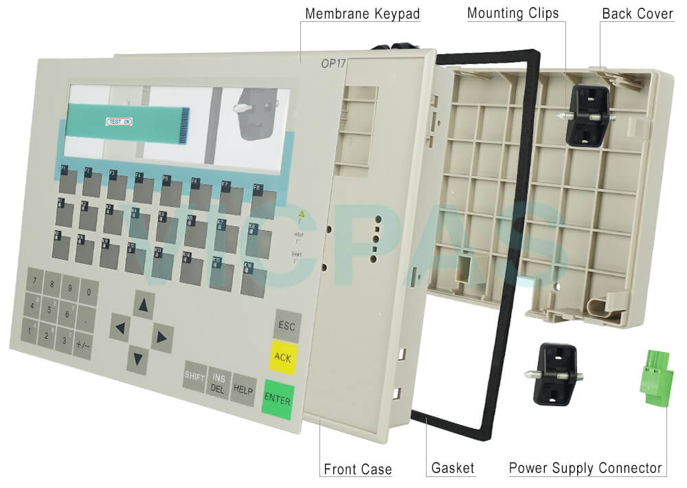 6AV3617-1JC30-0AX0 Siemens SIMATIC HMI OP17 OP 17 OPERATOR PANEL Membrane Keyboard, Power Supply Connector, Case Gasket, Mounting Clips and Plastic Case Shell Repair Replacement