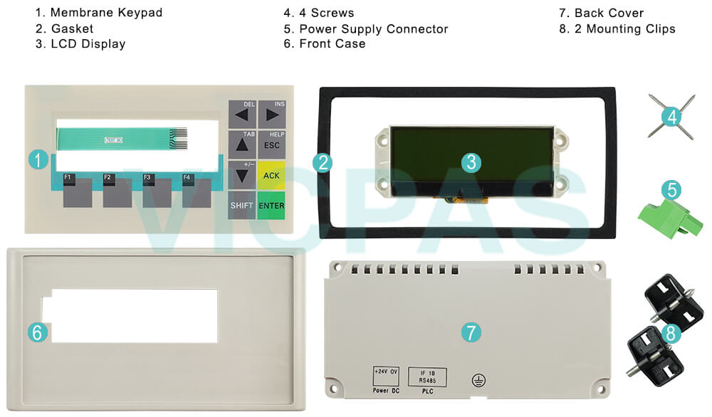 Siemens Simatic OP73 6AV6641-0AA11-0AX0 Membrane keyboard keypad, Mounting Clips, Power Supply Connector, Gasket, LCD Display Screen, Screws, Plastic Case Cover Repair Replacement