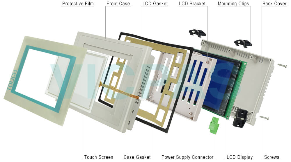 6AV6 642-5AA00-0QE0 Siemens SIMATIC Touch Panel TP 177A/Design TP177A 6AV6642-5AA00-0QE0 Touch Screen Panel, Overlay, Case Gasket, LCD Gasket, LCD Bracket, Power Supply Connector, Plastic Cover Body, Mounting Clips, Screws and LCD Display Repair Replacement