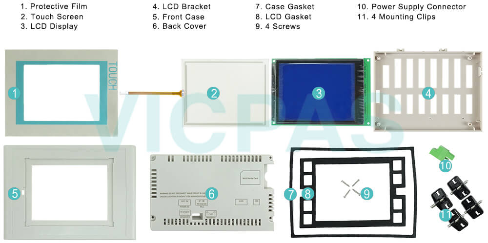 Siemens TP177B 6 PN/DP CSTN Touch Screen Panel, Overlay, Power Supply Connector, Mounting Clips, Plastic Case, Gasket, Screws, LCD Bracket and LCD Display Repair Replacement