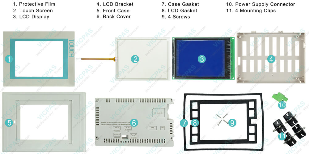 6AV6 642-0AA11-0AX0 Siemens Touch Panel TP177a 6'' Touch Screen Panel, Overlay, LCD Bracket, Mounting Clips, Power Supply Connector, LCD Gasket, Case Gasket, Plastic Cover, Screws and LCD Display Repair Replacement