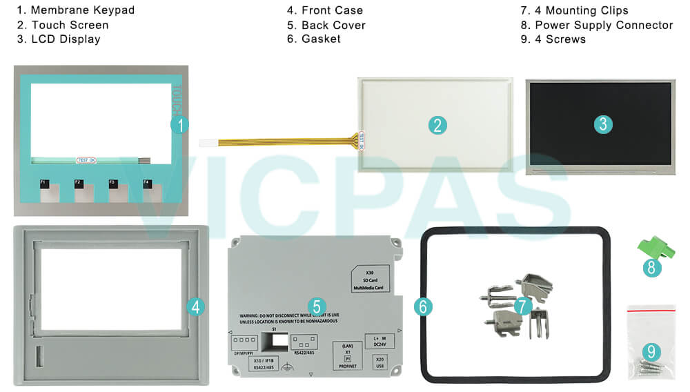  Siemens TP177B 4 Touch Screen Panel, Overlay, Gasket, Enclosure, Mounting Clips, Power Supply Connector, Screws and LCD Display Repair Replacement