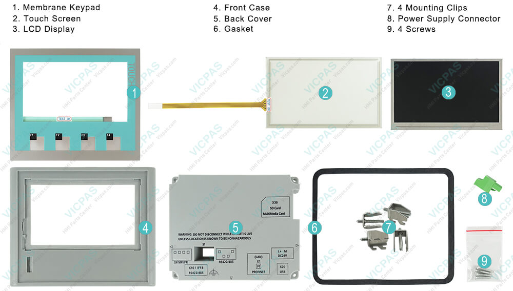 6AG1642-0BD01-2AX0 Siemens SIMATIC HMI TP177 4 Touch Screen Panel, Membrane Keypad, Gasket, Enclosure, Mounting Clips, Power Supply Connector, Screws and LCD Display Repair Replacement