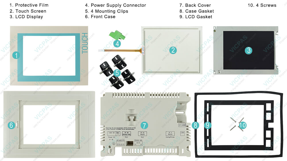 6AV6545-0CA10-0AX0 Siemens SIMATIC HMI TP270 Touch Screen Panel, Overlay, LCD Gasket, Case Gasket, Enclosure, Mounting Clips, Power Supply Connector, Screws and LCD Display Repair Replacement