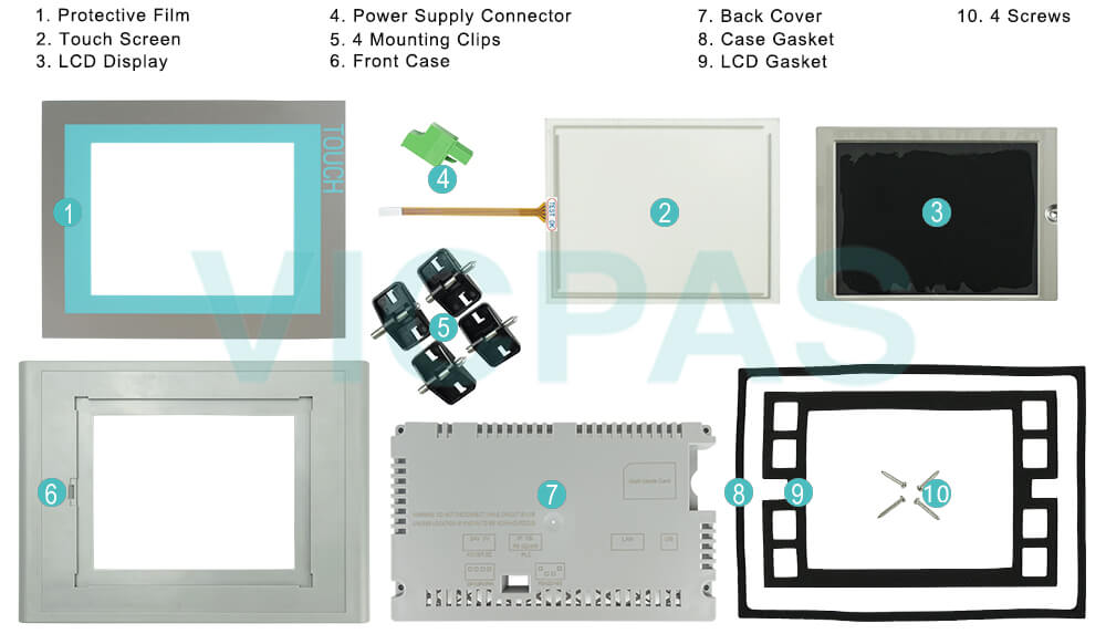 6AG1643-0AA01-4AX0 Siemens SIMATIC HMI TP277 Touch Screen Panel, Overlay, Mounting Clips, Power Supply Connector, LCD Gasket, Case Gasket, Plastic Cover, Screws and LCD Display Repair Replacement