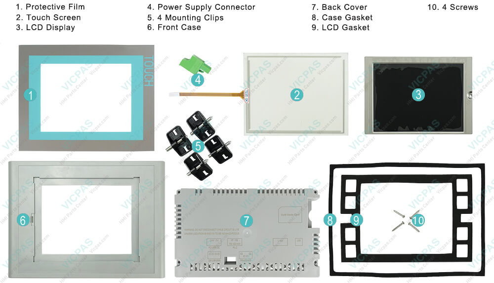 6AV6643-0AA01-1AX1 Siemens SIMATIC HMI TP277 Touch Screen Panel, Overlay, Case Gasket, LCD Gasket, Power Supply Connector, Plastic Cover Body, Mounting Clips, Screws and LCD Display Repair Replacement