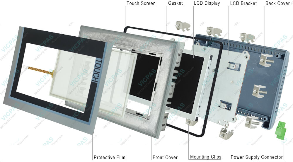 6AV2124-0GC01-0AX0 Siemens TP700 Comfort Touchscreen Glass, Overlay, Aluminum Enclosure, Mounting Clips, Power Supply Connector, Case Gasket, LCD Bracket, Screws and LCD Display Repair Replacement