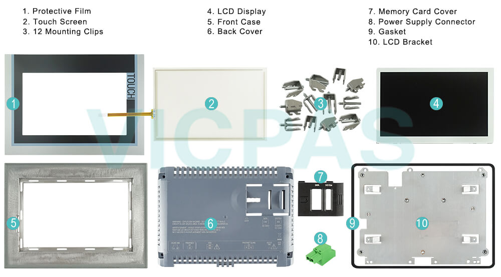 6AV2124-5GC00-0WF0 Siemens TP700 Comfort Touchscreen Glass, Overlay, Enclosure, Mounting Clips, Power Supply Connector, LCD Bracket, Case Gasket, Screws and LCD Display Repair Replacement