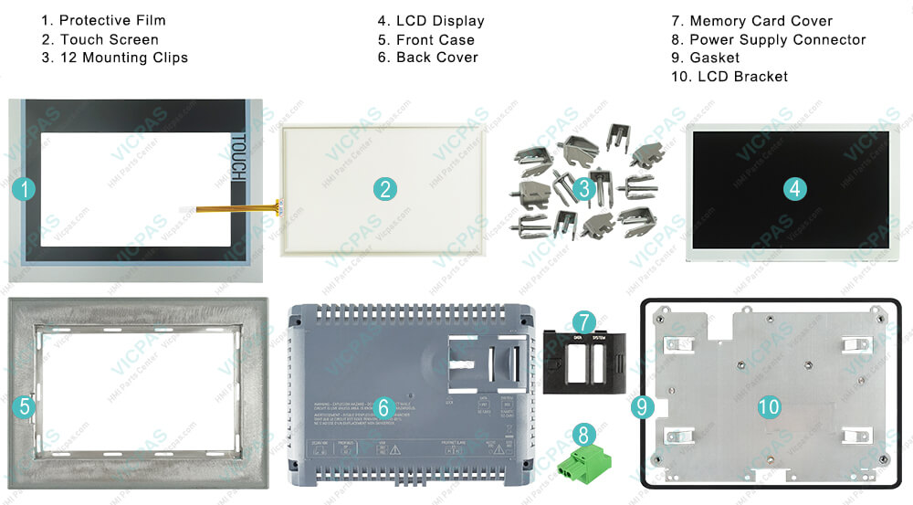 6AG2124-0GC13-1AX0 Siemens TP700 Comfort Touchscreen Glass, Overlay, Plastic cover enclosure, Power Supply Connector, Mounting Clips, LCD Bracket, Case Gasket, Screws and LCD Display Repair Replacement
