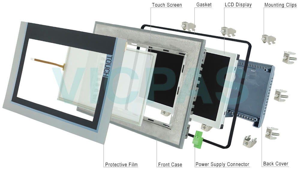 6AG1124-0JC01-4AX0 Siemens SIPLUS HMI TP900 COMFORT Touch Screen Glass, Overlay, Gasket, Mounting Clips, Power Supply Connector, HMI Case and LCD Display Repair Replacement