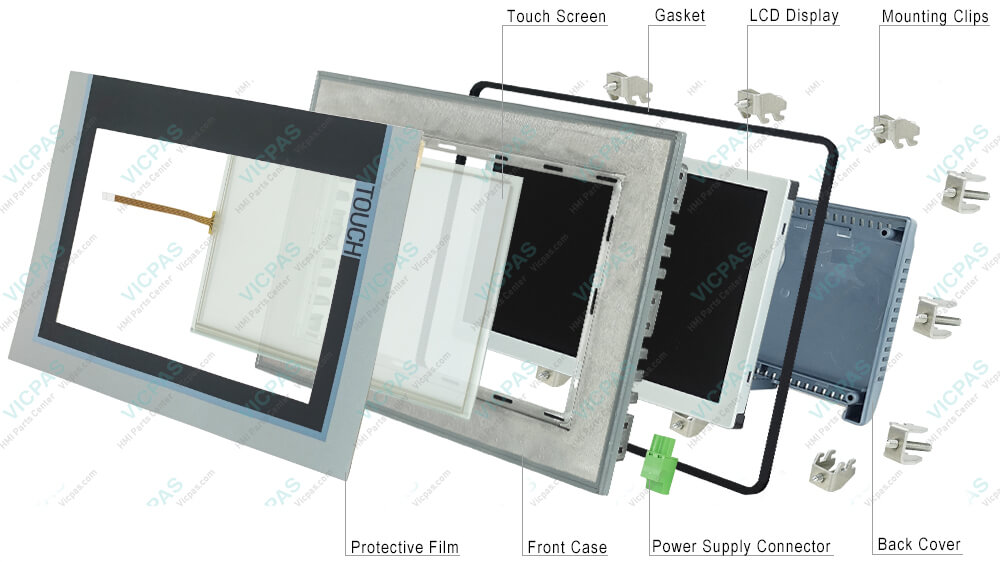 6AG1124-0JC01-4AX0 Siemens SIPLUS HMI TP900 COMFORT Touch Screen Glass, Overlay, Aluminum Front, Gasket, Screws, Power Supply Connector, Mounting Clips, Plastic Case and LCD Display Repair Replacement