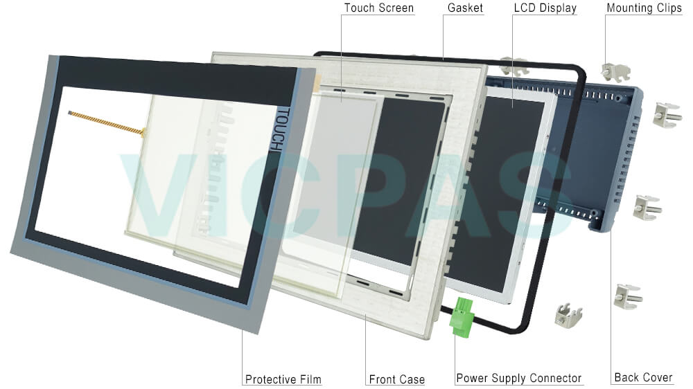 6AV2124-0MC01-0AX0 Siemens TP1200 Comfort Touchscreen Glass, Overlay, Aluminum cover enclosure, Power Supply Connector, Gasket, Mounting Clips, HMI Case and LCD Display Repair Replacement