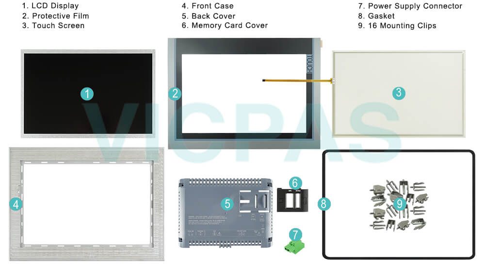  6AV2124-0MC24-0BX0 Siemens SIMATIC HMI TP1200 Comfort Pro Touchscreen Glass, Overlay, Mounting Clips, Power Supply Connector, Aluminum Front, Plastic Back Cover, Gasket and LCD Display Repair Replacement