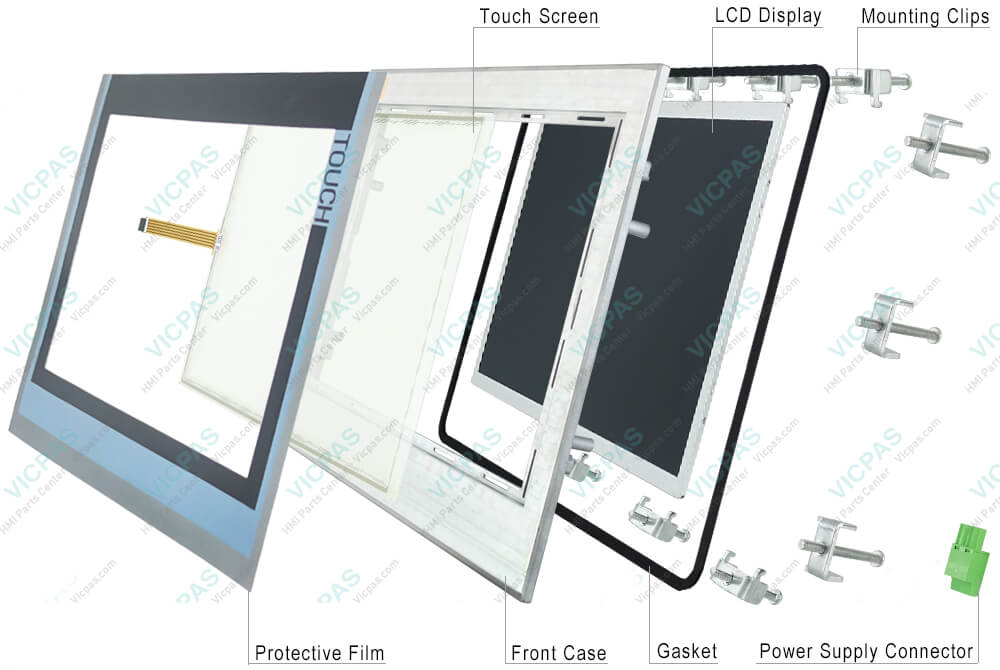 6AV2124-0QC02-0AX1 Siemens SIMATIC HMI TP1500 Comfort HMI Case, touchscreen Glass, Overlay, Power Supply Connector, Mounting Clips, Gasket and LCD Display Repair Replacement