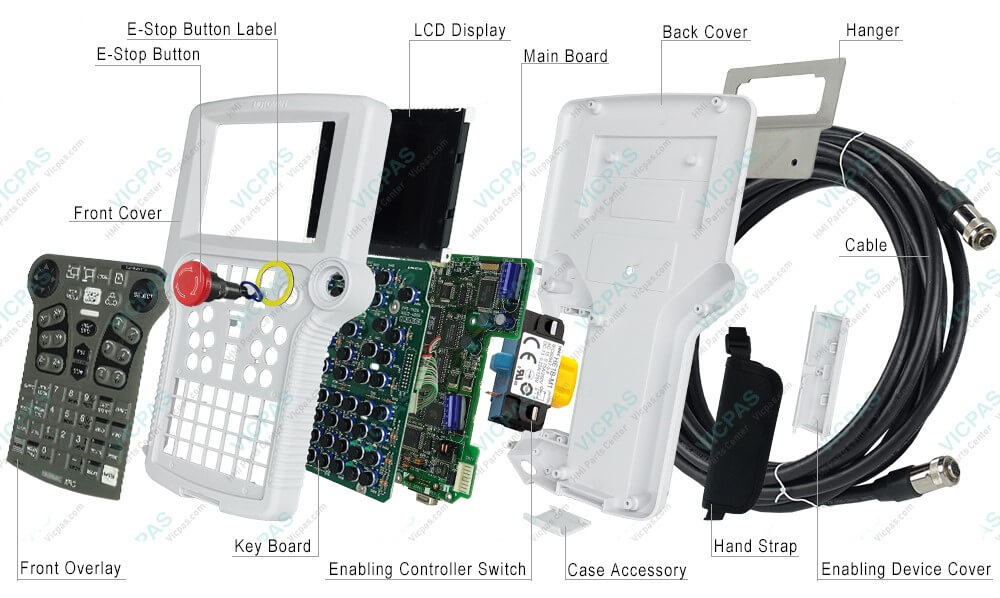 Motoman YASKAWA JZNC-XPP02P Membrane Switch, LCD Screen, protective case shell, E-Stop Button, E-Stop Button Label, Key Board, Main Board, Enabling Controller Switch, Enable Switch Cover, Hanger, Hand Strap, Screws, Cable, Case Accessories for repair replacement