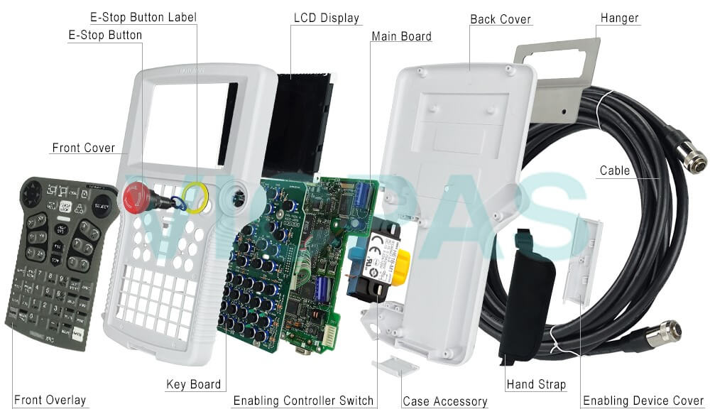 Motoman YASKAWA  JZNC-XPP03 YASKAWA  JZNC-XPP03B membrane keypad, Cable, Case Accessories, E-Stop Button Label, Emergency Stop Switch, Enable Switch Cover, Enabling Controller Switch, Hand Strap, Hanger, Key Board, Mother Board, Screws, Housing, LCD display for repair replacement