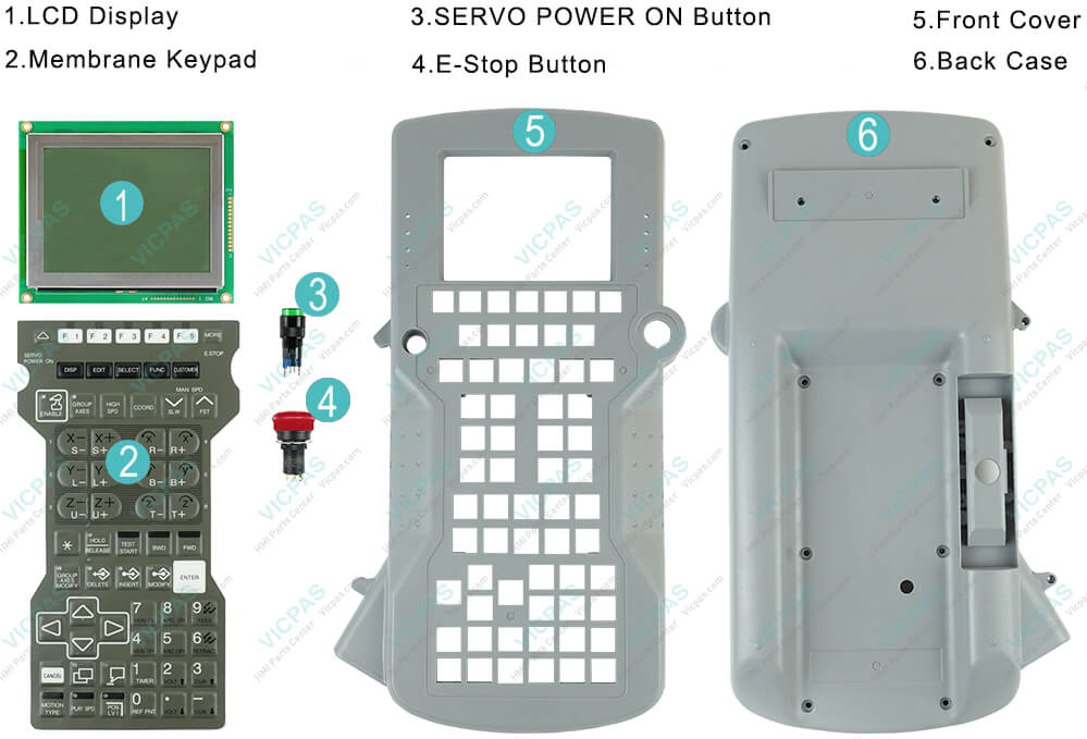 Yaskawa Yasnac MRC JZNC-MPP31E MRCII Teach Pendant Parts, touchscreen, SERVO POWER ON Button, Membrane Keypad, LCD Display, E-Stop Button and Protective Case Shell for repair replacement