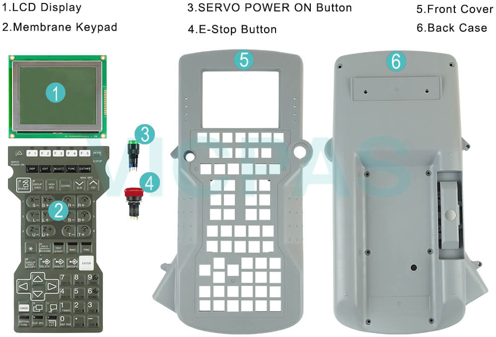 Yaskawa Yasnac JZNC-MPP20E Teach Pendant Parts, SERVO POWER ON Button, touchscreen, membrane keypad, LCD display, E-Stop Button and protective case shell for repair replacement